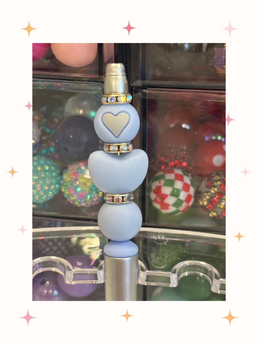 Handmade Blue and Silver Heart Beaded Pen